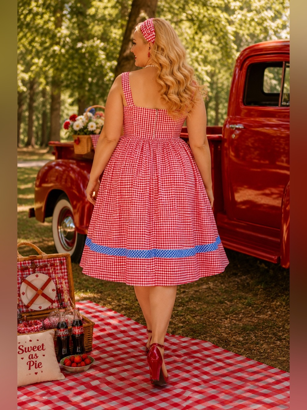 Unique Vintage 1960s Movie Date Red & Blue Gingham Swing Dress, XL, NWT! - Picture 6 of 16